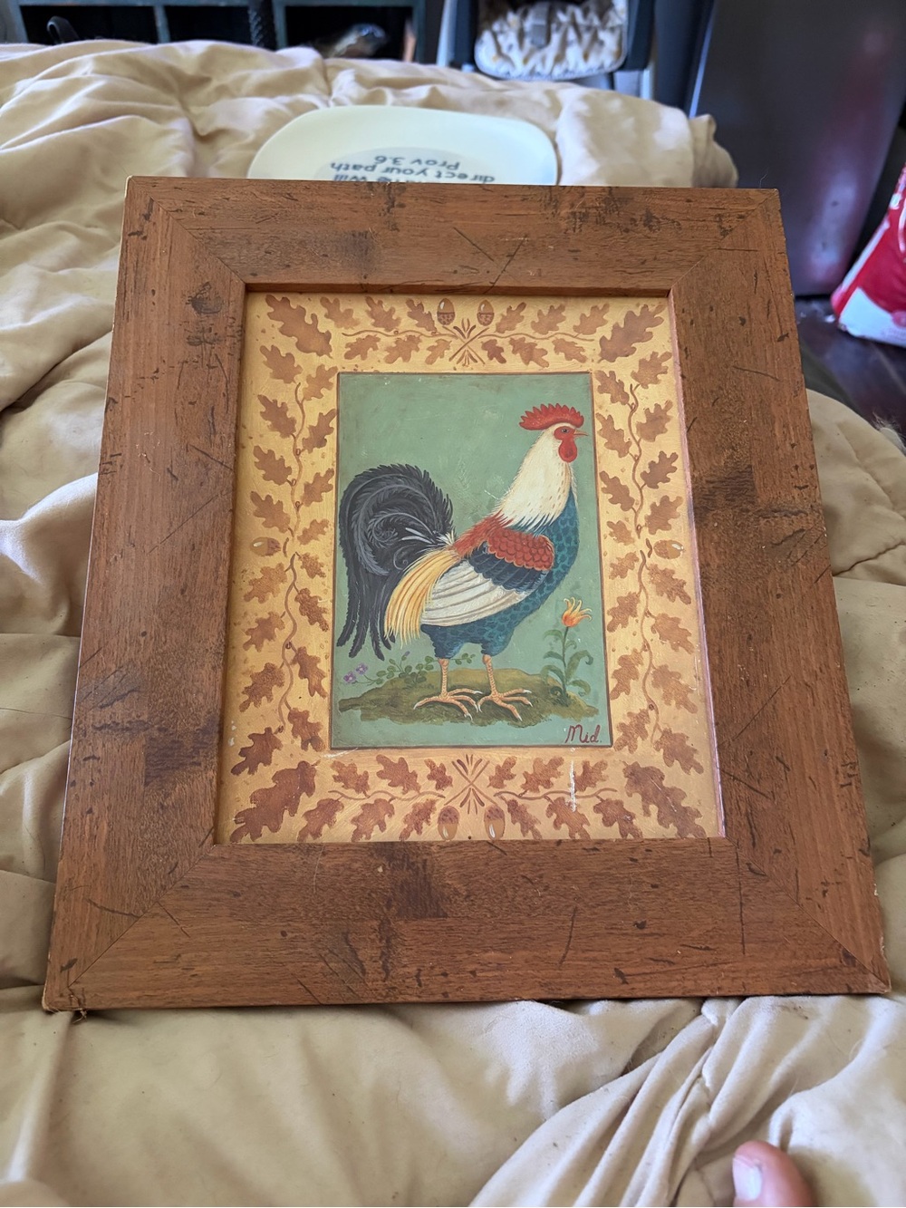 Rooster Folk Art Print in Wooden Frame - Multicolor